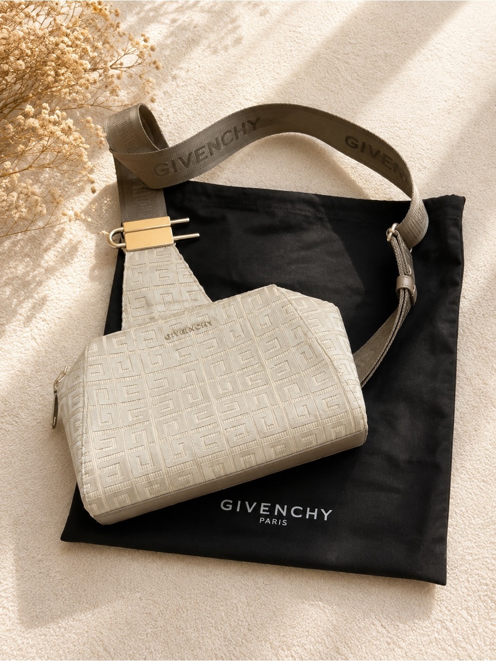 Givenchy Cream Logo Jacquard Crossbody Bag with Taupe Strap